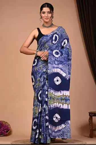 Blue cotton hand block printed mulmul sarees with attach printed blouse