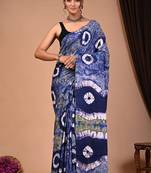 Blue cotton hand block printed mulmul sarees with attach printed blouse