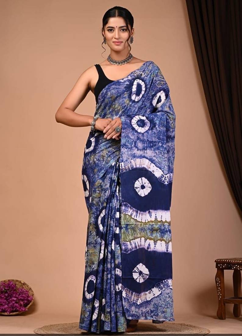 Blue cotton hand block printed mulmul sarees with attach printed blouse
