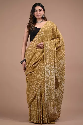 Yellow cotton hand block printed mulmul sarees with attach printed blouse