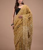 Yellow cotton hand block printed mulmul sarees with attach printed blouse