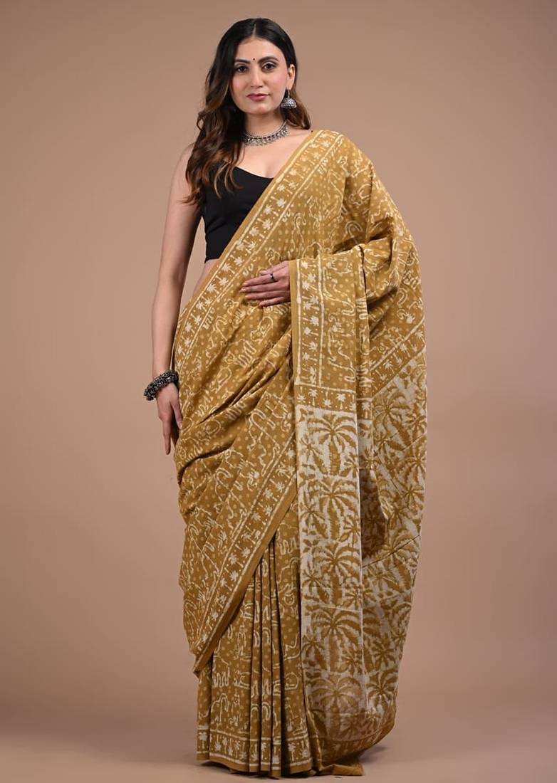 Yellow cotton hand block printed mulmul sarees with attach printed blouse