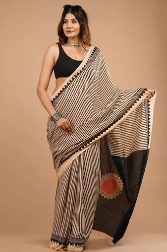 Black cotton hand block printed mulmul sarees with attach printed blouse