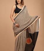 Black cotton hand block printed mulmul sarees with attach printed blouse