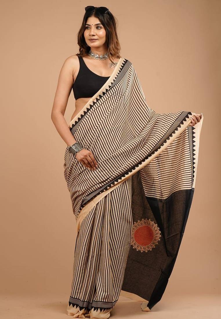 Black cotton hand block printed mulmul sarees with attach printed blouse