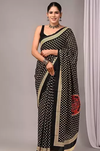 Black cotton hand block printed mulmul sarees with attach printed blouse