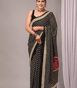 Black cotton hand block printed mulmul sarees with attach printed blouse