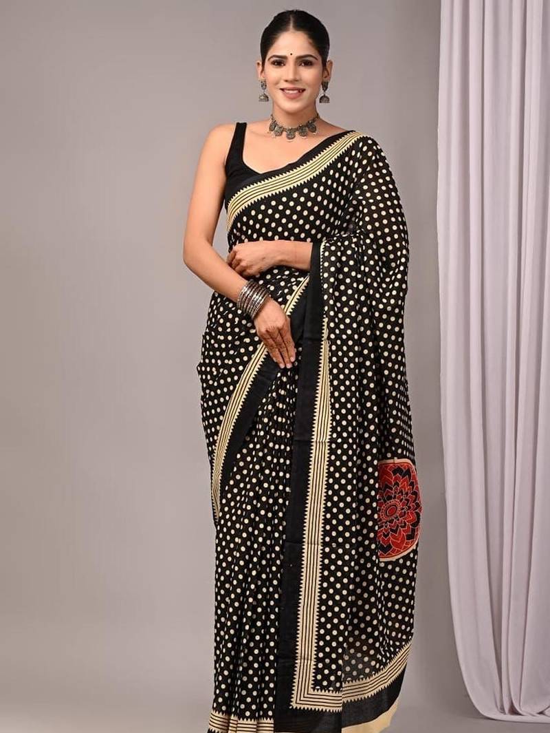 Black cotton hand block printed mulmul sarees with attach printed blouse