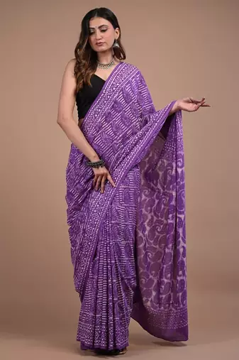 Lavender cotton hand block printed mulmul sarees with attach printed blouse