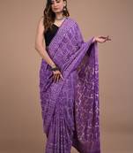 Lavender cotton hand block printed mulmul sarees with attach printed blouse