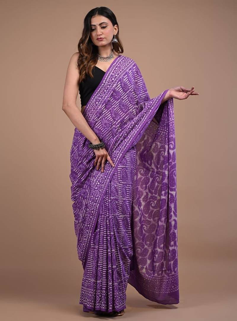 Lavender cotton hand block printed mulmul sarees with attach printed blouse