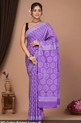 Lavender cotton hand block printed mulmul sarees with attach printed blouse