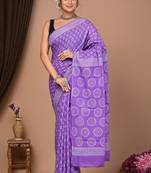 Lavender cotton hand block printed mulmul sarees with attach printed blouse