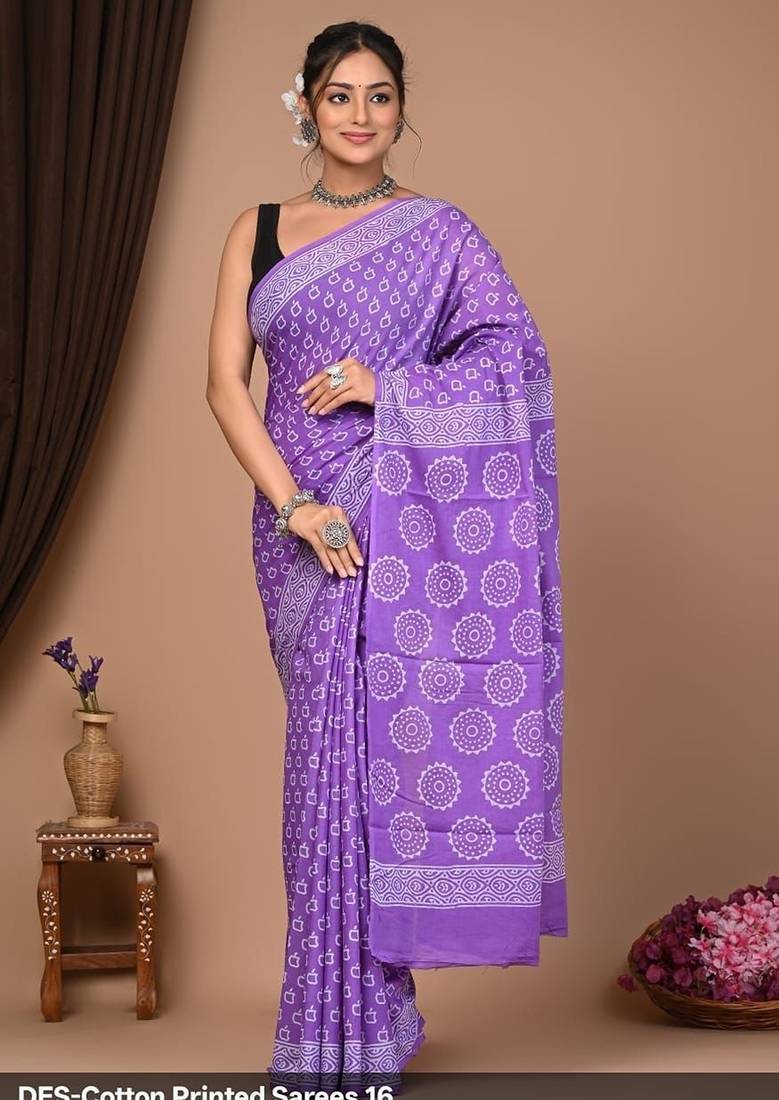 Lavender cotton hand block printed mulmul sarees with attach printed blouse