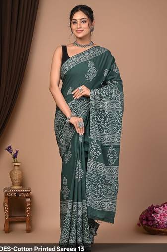 Green cotton hand block printed mulmul sarees with attach printed blouse