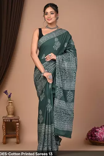 Green cotton hand block printed mulmul sarees with attach printed blouse