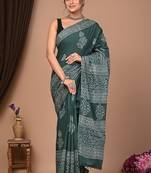 Green cotton hand block printed mulmul sarees with attach printed blouse