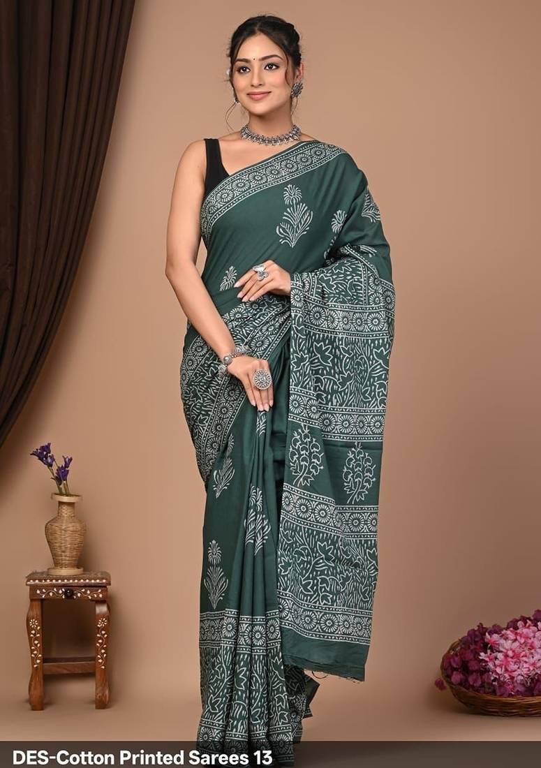 Green cotton hand block printed mulmul sarees with attach printed blouse