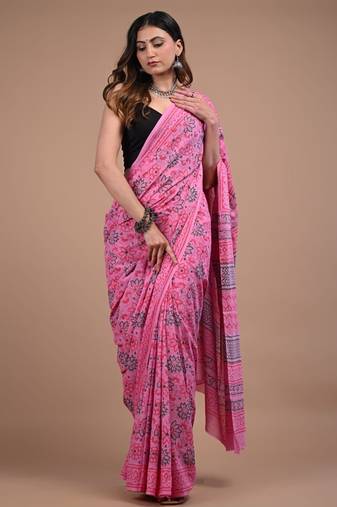 Pink cotton hand block printed mulmul sarees with attach printed blouse