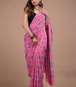 Pink cotton hand block printed mulmul sarees with attach printed blouse
