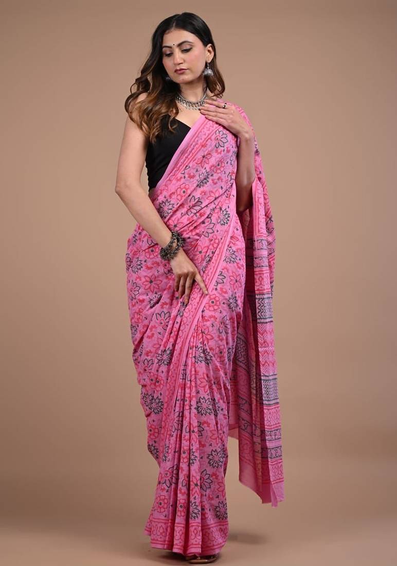 Pink cotton hand block printed mulmul sarees with attach printed blouse