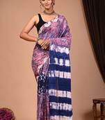 Purple cotton hand block printed mulmul sarees with attach printed blouse