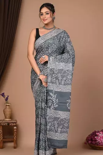 Grey cotton hand block printed mulmul sarees with attach printed blouse