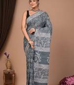 Grey cotton hand block printed mulmul sarees with attach printed blouse