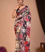Multicolor cotton hand block printed mulmul sarees with attach printed blouse