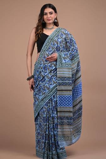 Blue cotton hand block printed mulmul sarees with attach printed blouse