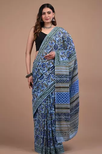Blue cotton hand block printed mulmul sarees with attach printed blouse
