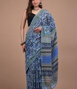 Blue cotton hand block printed mulmul sarees with attach printed blouse