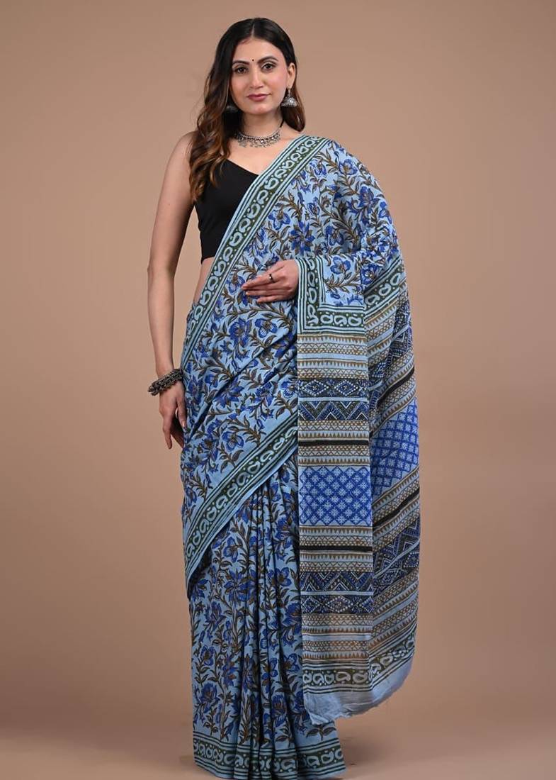 Blue cotton hand block printed mulmul sarees with attach printed blouse