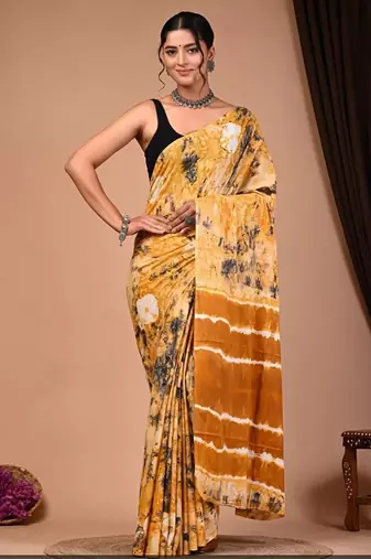 Yellow cotton hand block printed mulmul sarees with attach printed blouse