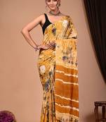 Yellow cotton hand block printed mulmul sarees with attach printed blouse