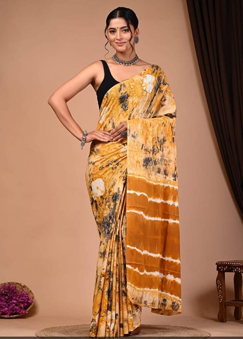 Yellow cotton hand block printed mulmul sarees with attach printed blouse