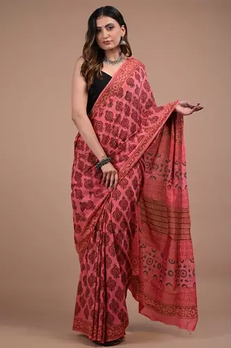Red cotton hand block printed mulmul sarees with attach printed blouse