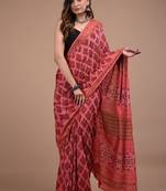 Red cotton hand block printed mulmul sarees with attach printed blouse