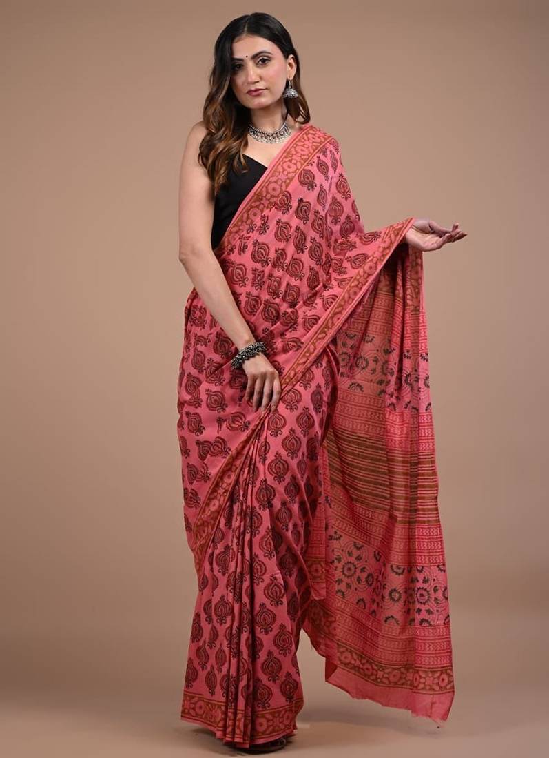 Red cotton hand block printed mulmul sarees with attach printed blouse