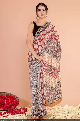 Multicolor cotton hand block printed mulmul sarees with attach printed blouse