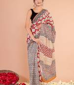 Multicolor cotton hand block printed mulmul sarees with attach printed blouse
