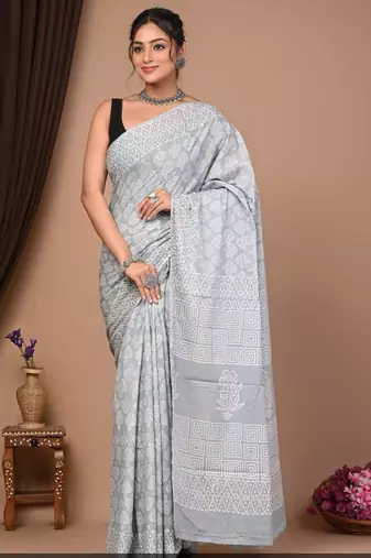 Grey cotton hand block printed mulmul sarees with attach printed blouse