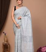Grey cotton hand block printed mulmul sarees with attach printed blouse