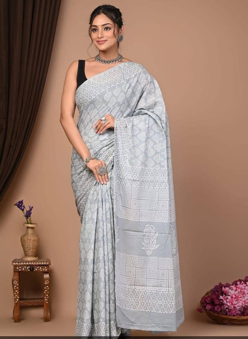 Grey cotton hand block printed mulmul sarees with attach printed blouse