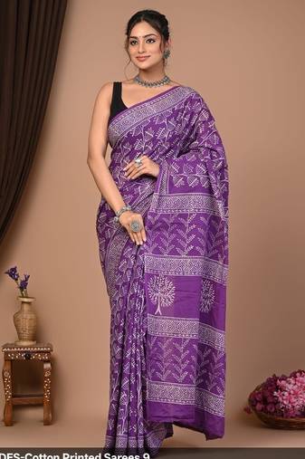Lavender cotton hand block printed mulmul sarees with attach printed blouse