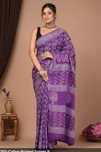 Lavender cotton hand block printed mulmul sarees with attach printed blouse