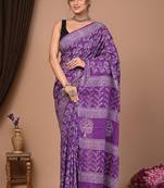 Lavender cotton hand block printed mulmul sarees with attach printed blouse