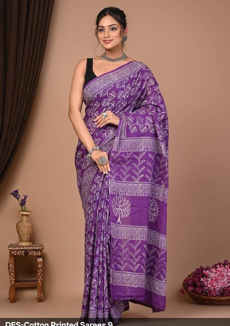 Lavender cotton hand block printed mulmul sarees with attach printed blouse