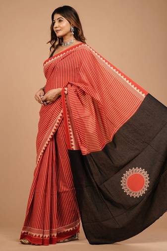 Red cotton hand block printed mulmul sarees with attach printed blouse
