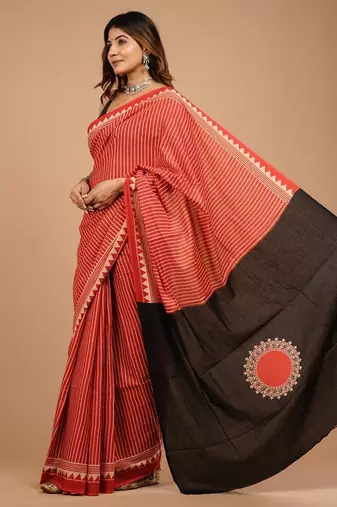 Red cotton hand block printed mulmul sarees with attach printed blouse